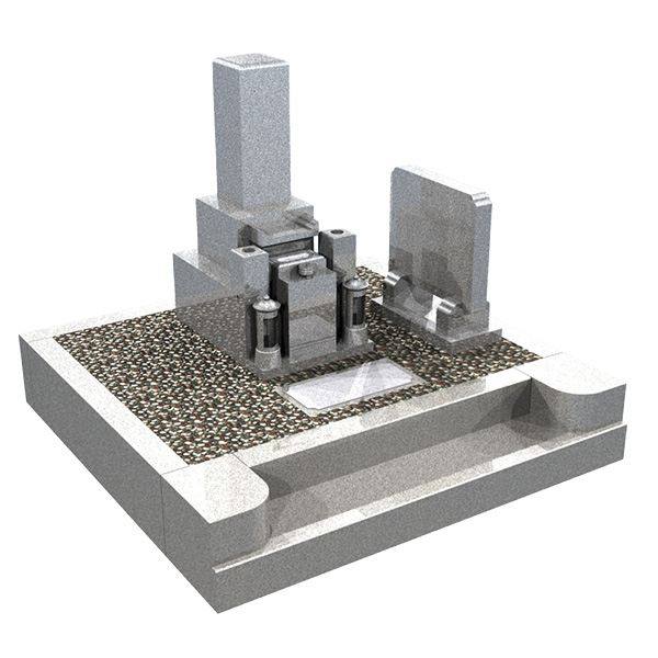 宝塚市の墓石　玉垣付き巻石と和型墓石の3Dイメージ図